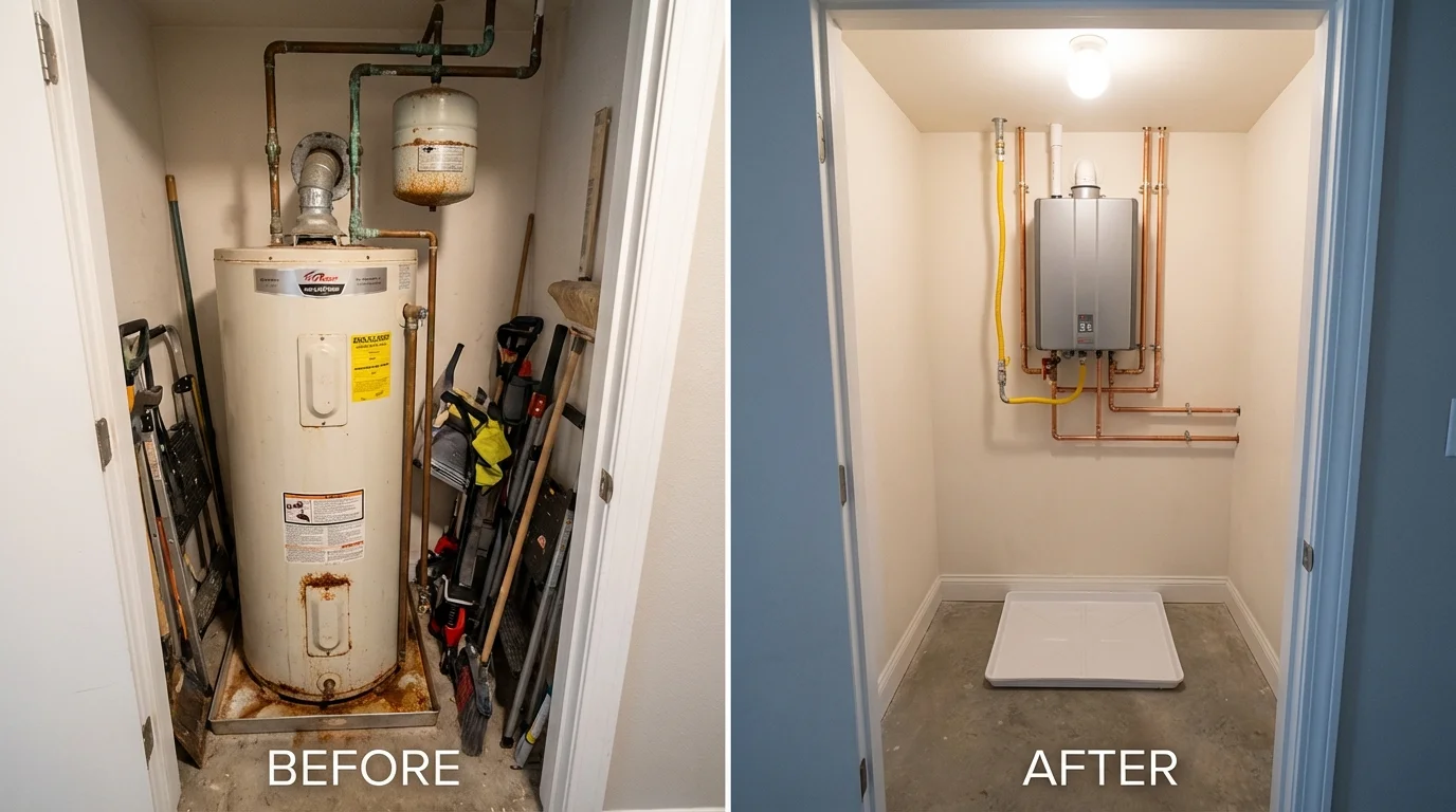 Tank water heater versus wall-mounted tankless unit comparison for Belle Plaine, KS homeowners