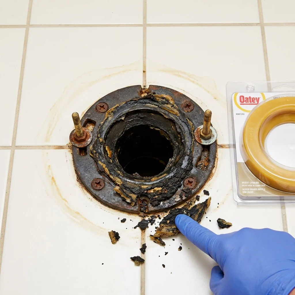 Failed wax ring showing water seepage at the base of a toilet in a Belle Plaine, KS home
