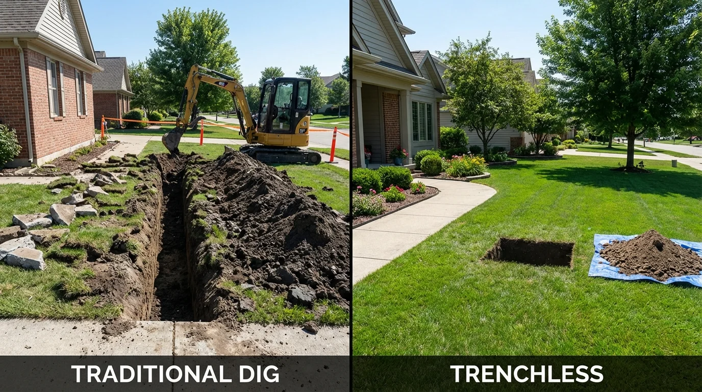 Trenchless sewer repair with minimal yard damage versus traditional excavation in Belle Plaine, KS