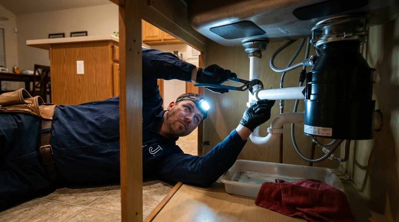 P-trap and supply line connections under a kitchen sink showing a common leak point in Belle Plaine, KS